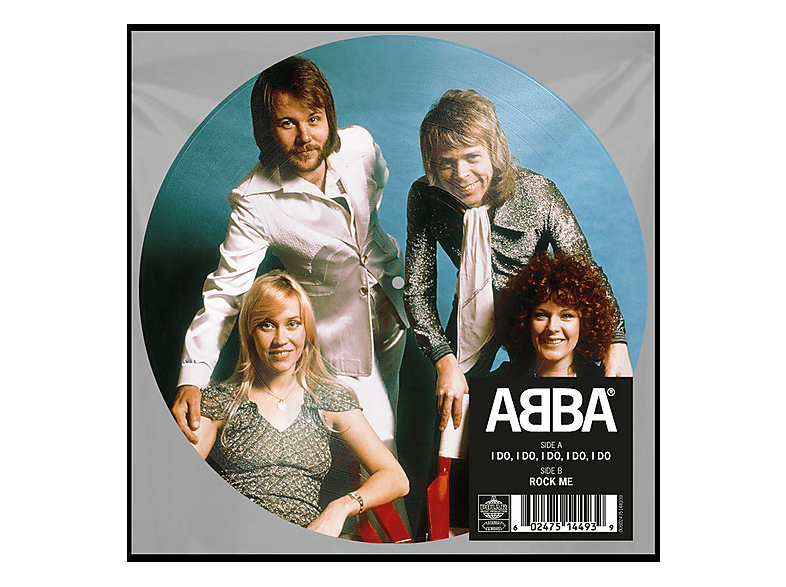 Vinyle : ABBA, quatre personnes en cercle, fond noir. Texte : I Do, I Do, I Do, I Do, Rock Me.
