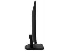 Charger l'image dans la galerie, Vue latérale d'un écran d'ordinateur noir sur un support noir, sur fond blanc. L'écran est éteint.