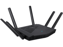 Charger l'image dans la galerie, Un routeur noir avec six antennes. Sur fond blanc. Les antennes sont orientées vers l'extérieur.