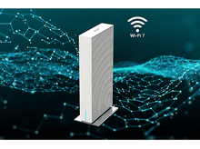 Charger l'image dans la galerie, Un routeur blanc avec des accents bleus, le logo Wi-Fi 7 et un fond de réseau.