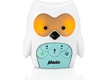 Charger l'image dans la galerie, Babyphone blanc en forme de hibou avec des yeux oranges, un panneau de commande turquoise et le logo Alecto.