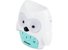 Charger l'image dans la galerie, Un babyphone blanc en forme de hibou avec des boutons sarcelle et deux grandes lumières oculaires.