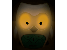 Charger l'image dans la galerie, Une veilleuse en forme de hibou avec des yeux jaunes brillants. Elle a des boutons verts et le mot 'Alecto' en bas.