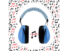 Charger l'image dans la galerie, Cache-oreilles bleus avec une bande à carreaux, entourés de notes de musique sur fond blanc.