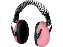 Charger l'image dans la galerie, Casque rose Alecto pour enfants avec des oreillettes noires et un bandeau à carreaux noir et blanc.