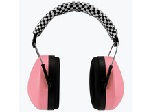 Charger l'image dans la galerie, Cache-oreilles roses avec un bandeau à carreaux et des bords noirs, conçus pour la réduction du bruit.
