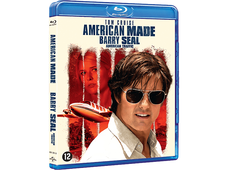 Couverture du disque Blu-ray d'American Made avec Tom Cruise et une femme avec un avion.