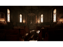 Charger l'image dans la galerie, Intérieur d'une église avec vitraux et bancs, faiblement éclairé aux chandelles.