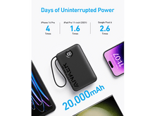 Charger l'image dans la galerie, Une batterie externe avec un téléphone et un iPad à côté. La batterie affiche 100 % de charge et 20 000 mAh.