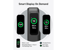 Charger l'image dans la galerie, Un écran intelligent affichant les informations de batterie et de temps sur un bracelet noir.