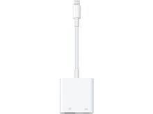 Charger l'image dans la galerie, Un adaptateur de caméra Lightning vers USB Apple blanc, avec deux ports et un câble blanc.
