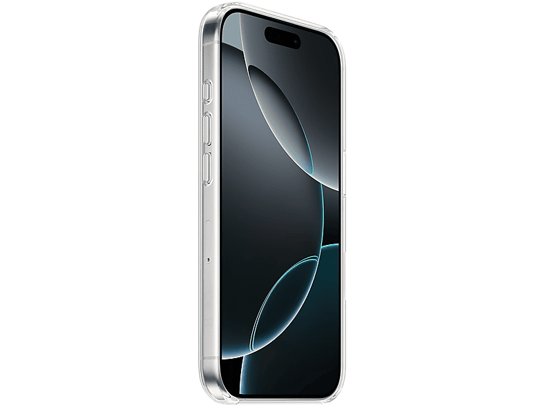 Coque transparente sur iPhone 14 Pro, montrant l'arrière et les boutons latéraux du téléphone.