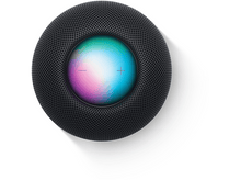 Charger l'image dans la galerie, Haut-parleur Apple HomePod Mini en maille noire avec lumière colorée sur fond blanc.