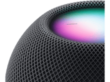 Charger l'image dans la galerie, Gros plan d'un Apple HomePod gris foncé. Il a un extérieur en mesh et un dessus coloré.