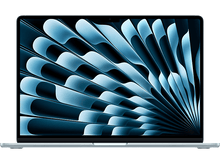 Charger l'image dans la galerie, Ordinateur portable argenté avec un design bleu en forme d'éventail sur l'écran, sur fond noir.