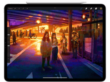 Charger l'image dans la galerie, Écran de tablette montrant une illustration de personnes marchant dans une rue, sous un ciel nocturne.