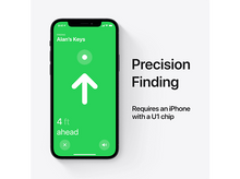 Charger l'image dans la galerie, Écran d'iPhone montrant un emplacement. Texte : Recherche de précision. Nécessite un iPhone avec puce U1.