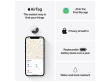 Charger l'image dans la galerie, Apple AirTag : tracker, iPhone avec carte et icônes de fonctions.