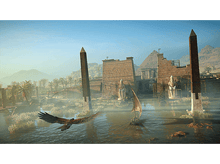 Charger l'image dans la galerie, Scène égyptienne antique avec des monuments, de l'eau et un oiseau volant.