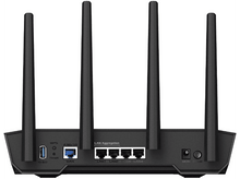 Charger l'image dans la galerie, Routeur noir, vue arrière avec 4 antennes, ports LAN, port WAN et entrée d'alimentation.