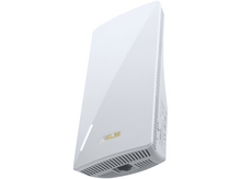 Charger l'image dans la galerie, Un routeur ASUS blanc avec texte doré et design angulaire, vu d'en bas.