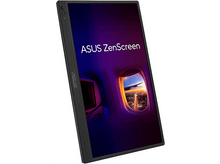 Charger l'image dans la galerie, Un ASUS ZenScreen noir avec un écran montrant une fenêtre d'avion avec un ciel violet.