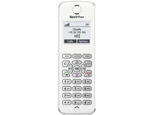 Charger l'image dans la galerie, Téléphone sans fil blanc avec un écran affichant un numéro de téléphone et d'autres options. Marque : Fritz!Fon.