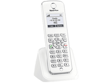 Charger l'image dans la galerie, Téléphone sans fil blanc sur une base blanche. L'écran affiche un numéro de téléphone et des options d'appel. Boutons sous l'écran.