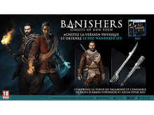 Charger l'image dans la galerie, Publicité du jeu Banishers : Deux personnages avec des armes, boîte du jeu, texte promotionnel.