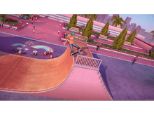 Charger l'image dans la galerie, Barbie fait du skateboard sur une rampe rose. D'autres personnes sont en arrière-plan et une ligne d'horizon.