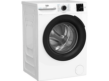 Charger l'image dans la galerie, Lave-linge Beko blanc avec porte noire et panneau de commande sur le dessus. La machine est dans une pièce.