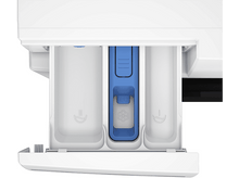 Charger l'image dans la galerie, Tiroir à lessive de la machine à laver, avec trois compartiments. Distributeur de liquide bleu au milieu.