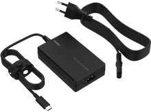 Charger l'image dans la galerie, Adaptateur secteur Belkin GaN 100W noir, avec un câble USB-C, un câble d'alimentation et une attache de câble noire.