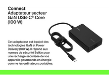 Charger l'image dans la galerie, Adaptateur Belkin GaN USB-C noir avec câble et description textuelle.
