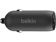 Charger l'image dans la galerie, Chargeur de voiture Belkin noir, forme cylindrique, avec le logo Belkin.