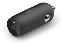 Charger l'image dans la galerie, Chargeur de voiture Belkin noir avec port USB-C et accent argenté.