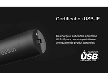Charger l'image dans la galerie, Chargeur USB noir avec texte, certifications et gros plan de l'extrémité de charge.
