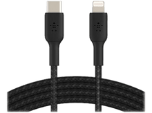 Charger l'image dans la galerie, Deux câbles noirs, l'un avec connecteur USB-C, l'autre avec connecteur Lightning.