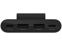 Charger l'image dans la galerie, Un adaptateur secteur noir avec deux ports USB-C et deux ports USB-A, étiquetés avec leurs sorties d'alimentation.