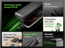 Charger l'image dans la galerie, Image montrant les caractéristiques d'une batterie externe : charge, design intelligent, capacité.