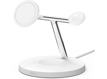 Charger l'image dans la galerie, Un support de charge Belkin blanc avec deux socles de charge circulaires et une base, reliés par une barre argentée.