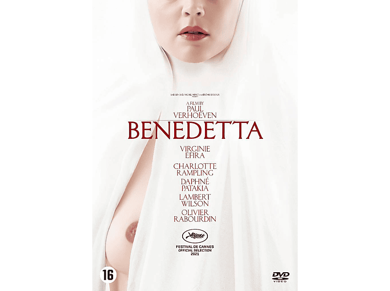 Affiche de film avec une femme en habit blanc. Texte 'Benedetta' et crédits visibles.