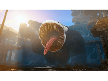 Charger l'image dans la galerie, Monstre avec grande bouche dans ville détruite. Fourrure bleue, langue rouge. Soleil derrière.