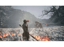 Charger l'image dans la galerie, Un guerrier avec une arme fait face à un monstre dans un paysage enneigé et enflammé.