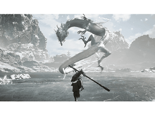 Charger l'image dans la galerie, Un guerrier avec un bâton fait face à un dragon blanc au-dessus de montagnes enneigées et d'un lac gelé.