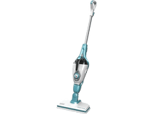 Charger l'image dans la galerie, Une vadrouille à vapeur turquoise et blanche. Elle a une longue poignée et une tête de nettoyage rectangulaire.