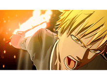 Charger l'image dans la galerie, Personnage d'anime aux cheveux jaunes, hurlant, tenant une arme avec du feu orange.