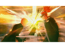 Charger l'image dans la galerie, Deux personnages d'anime se font face, épées en main, avec une lumière vive en arrière-plan.