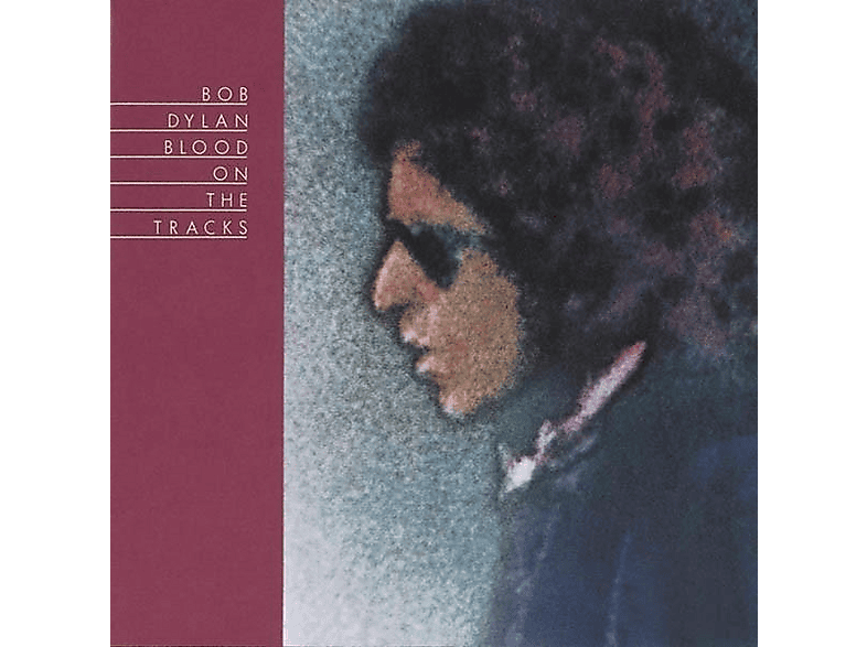 Pochette de l'album de Bob Dylan "Blood on the Tracks", vue de profil de son visage, bordure rouge.