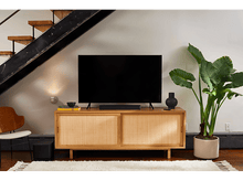 Charger l'image dans la galerie, Salon avec téléviseur sur un meuble en bois. Escalier, plante et tapis blanc dans la pièce.